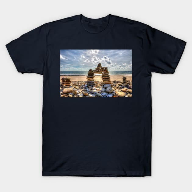 Amroth Beach, Wales, Rock Cairns T-Shirt by tommysphotos